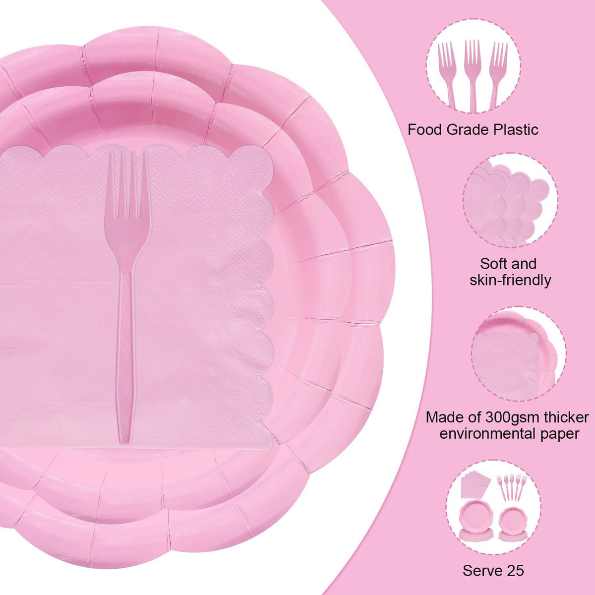 96 Pieces Pink Party Tableware Set – Scalloped Disposable Plates, Napkins and Forks, Solid Pink Party Supplies for Birthday, Baby Shower, Princess Party and Tea Party Decorations