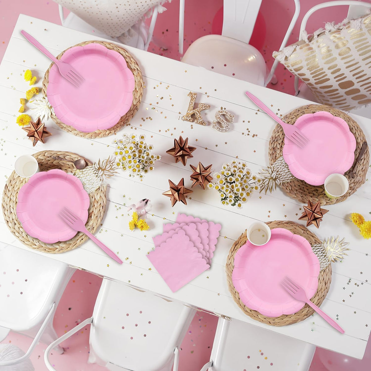 96 Pieces Pink Party Tableware Set – Scalloped Disposable Plates, Napkins and Forks, Solid Pink Party Supplies for Birthday, Baby Shower, Princess Party and Tea Party Decorations