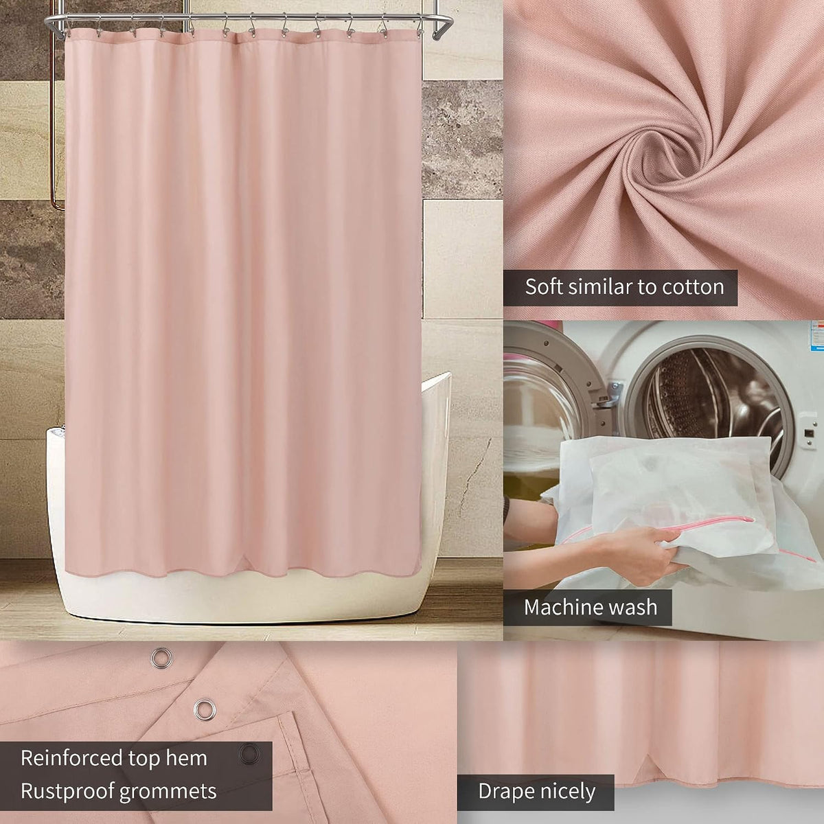 Waterproof Fabric Shower Curtain or Liner Blush Pink, 72x72
