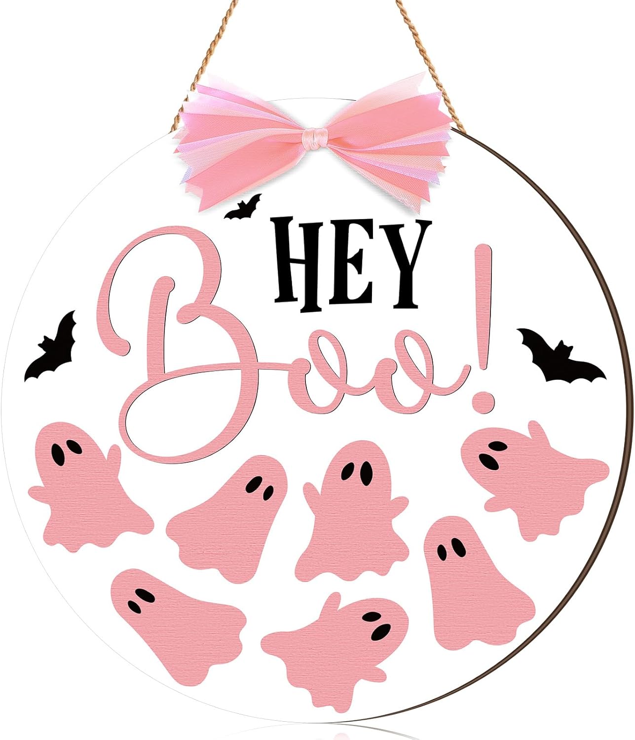 Halloween Door Sign Pink Ghost Wreath Decor Boo Wooden Hanging Sign