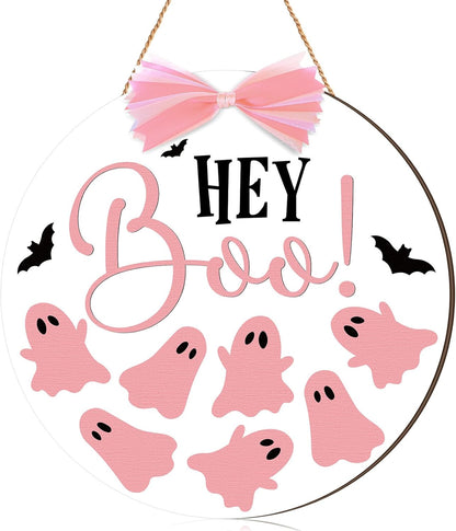 Halloween Door Sign Pink Ghost Wreath Decor Boo Wooden Hanging Sign