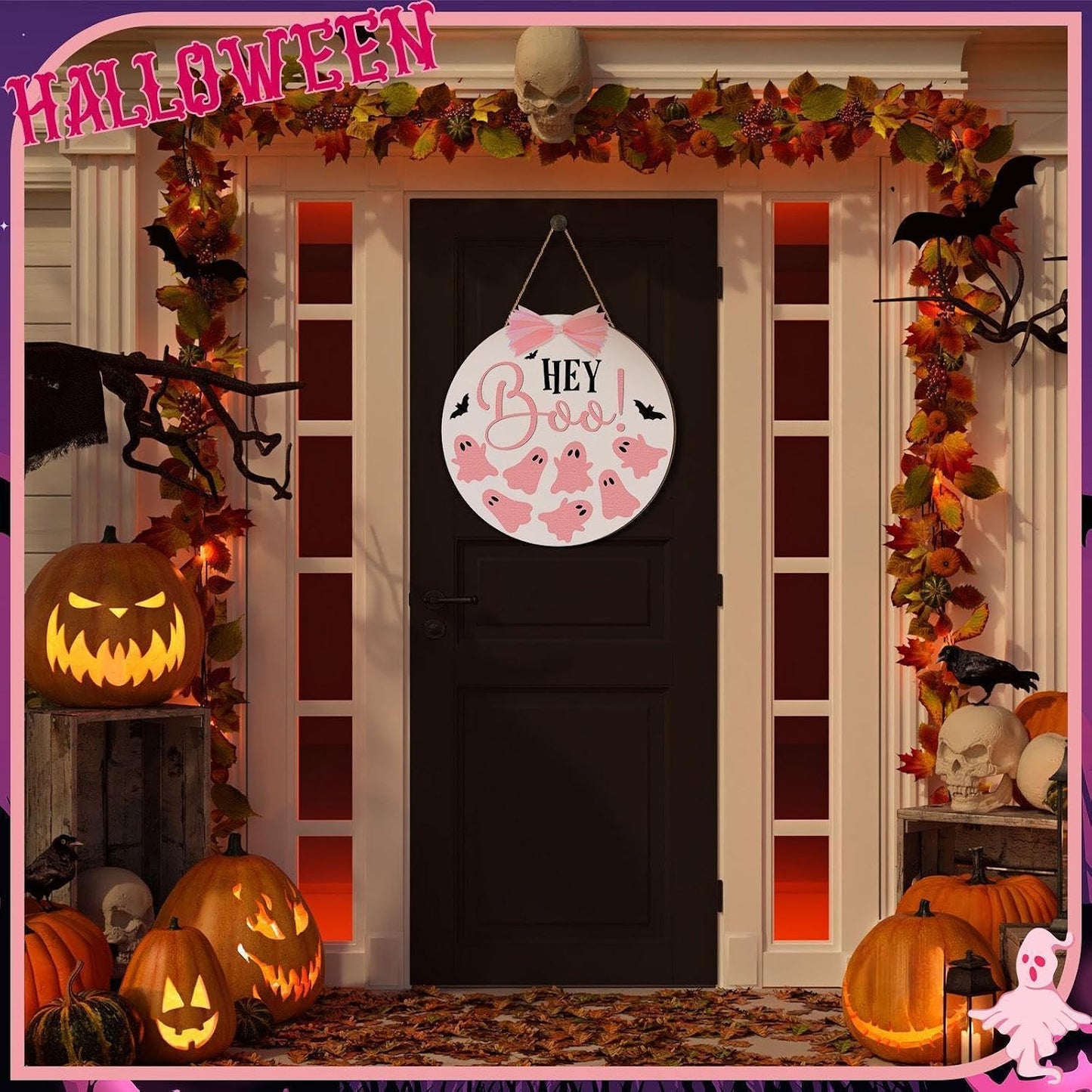 Halloween Door Sign Pink Ghost Wreath Decor Boo Wooden Hanging Sign