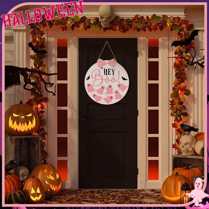 Halloween Door Sign Pink Ghost Wreath Decor Boo Wooden Hanging Sign