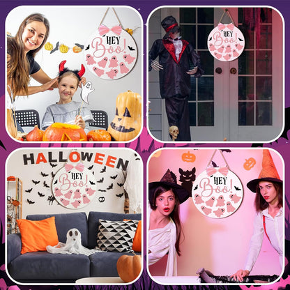 Halloween Door Sign Pink Ghost Wreath Decor Boo Wooden Hanging Sign