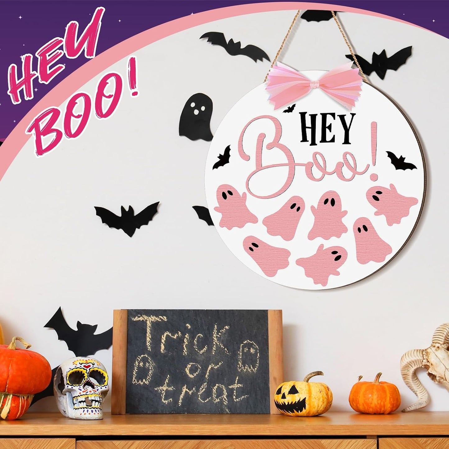 Halloween Door Sign Pink Ghost Wreath Decor Boo Wooden Hanging Sign