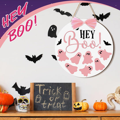 Halloween Door Sign Pink Ghost Wreath Decor Boo Wooden Hanging Sign