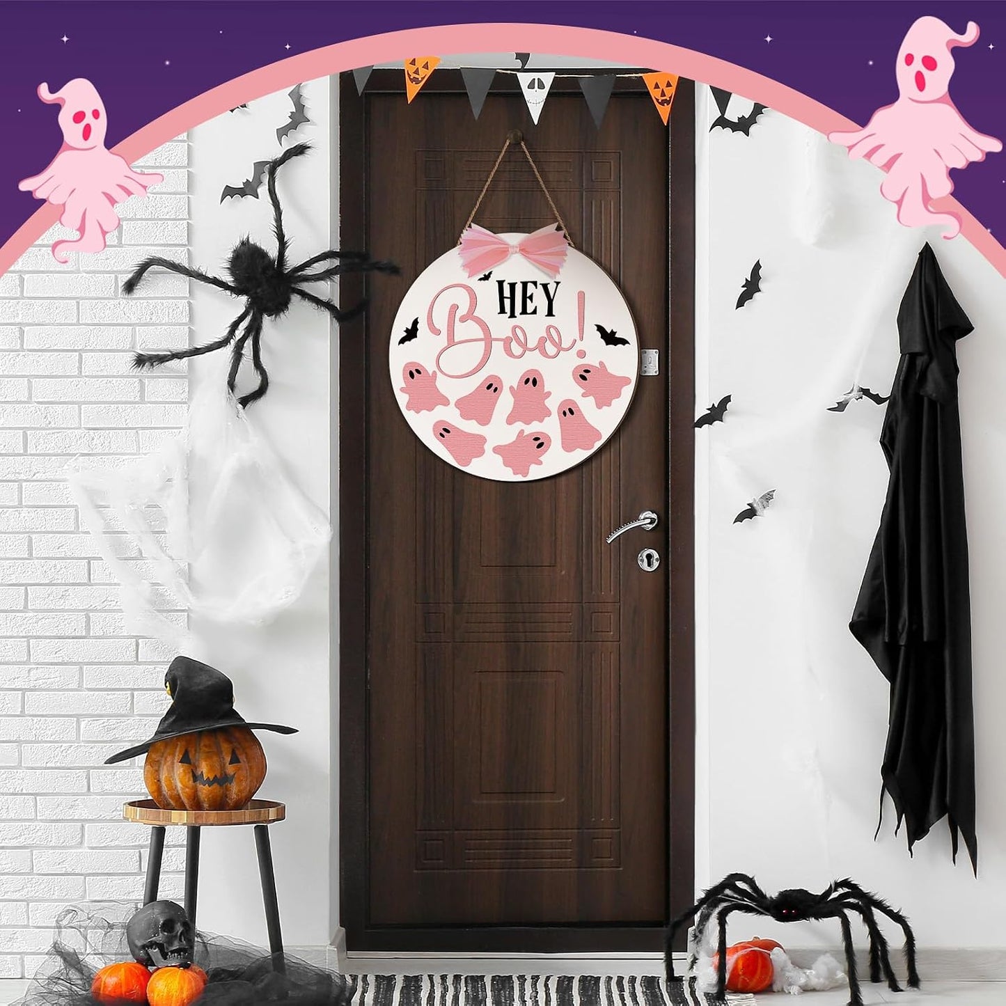 Halloween Door Sign Pink Ghost Wreath Decor Boo Wooden Hanging Sign