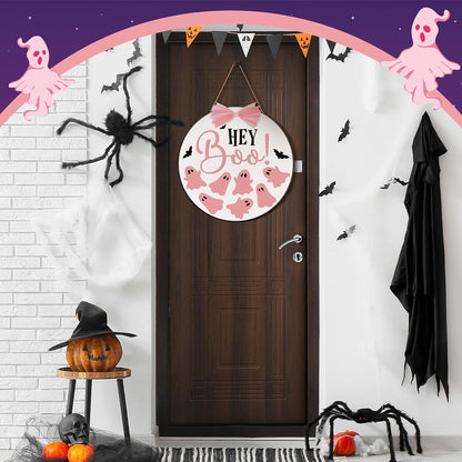 Halloween Door Sign Pink Ghost Wreath Decor Boo Wooden Hanging Sign