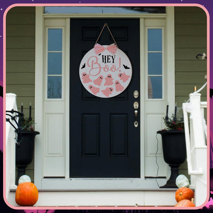 Halloween Door Sign Pink Ghost Wreath Decor Boo Wooden Hanging Sign