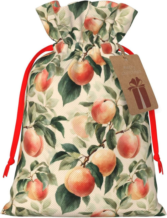 Moxquju Peach Print Christmas Drawstring Gift Bags, Reusable Candy Treat Bags For Holiday Birthday Party