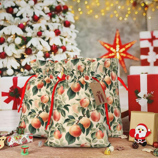 Moxquju Peach Print Christmas Drawstring Gift Bags, Reusable Candy Treat Bags For Holiday Birthday Party