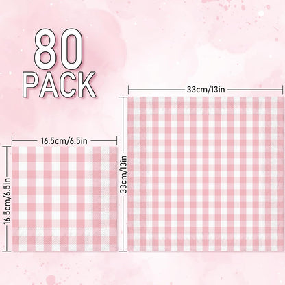 Whaline Light Pink Paper Napkin Buffalo Plaid Disposable Luncheon Napkin Dinner Napkin for Wedding Bride Shower Party Supplies Table Decor,80Pcs