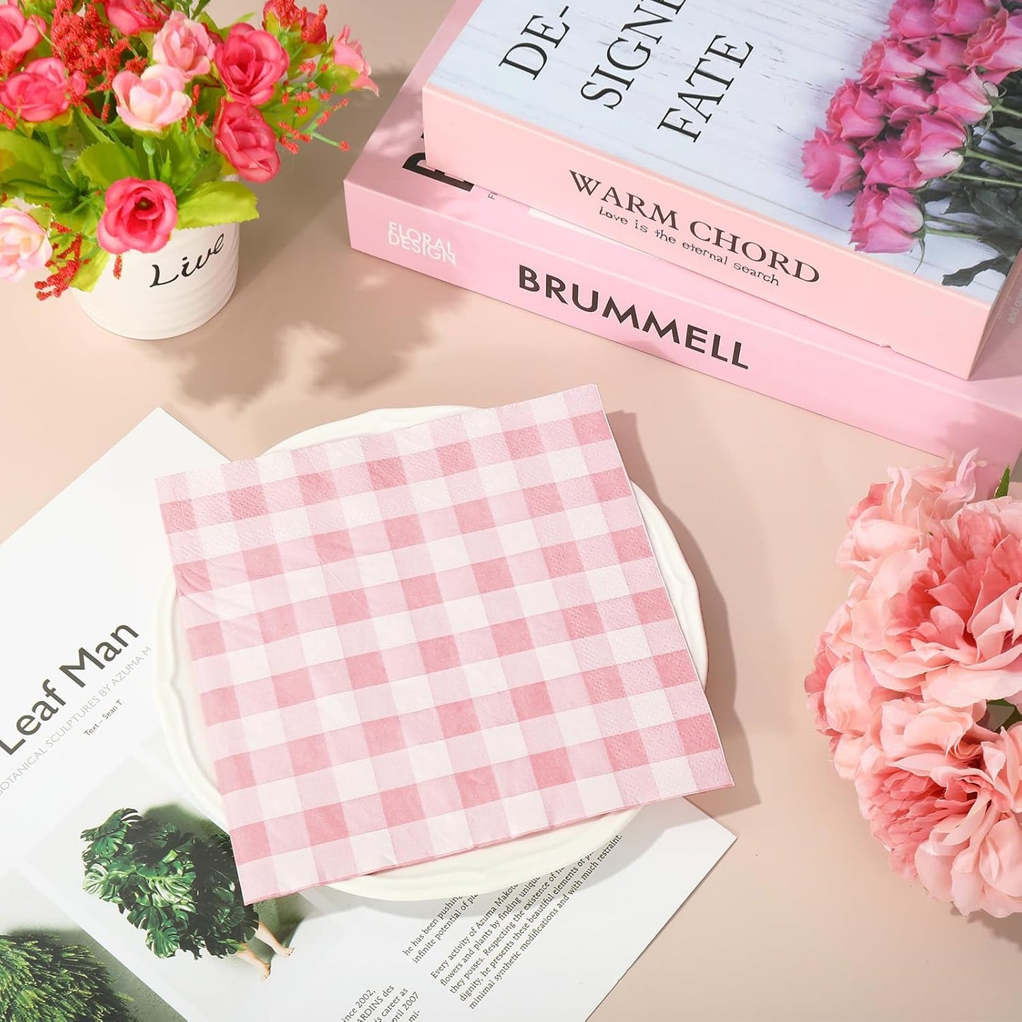 Whaline Light Pink Paper Napkin Buffalo Plaid Disposable Luncheon Napkin Dinner Napkin for Wedding Bride Shower Party Supplies Table Decor,80Pcs