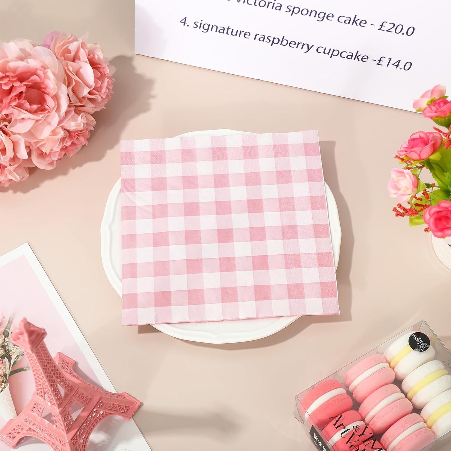 Whaline Light Pink Paper Napkin Buffalo Plaid Disposable Luncheon Napkin Dinner Napkin for Wedding Bride Shower Party Supplies Table Decor,80Pcs