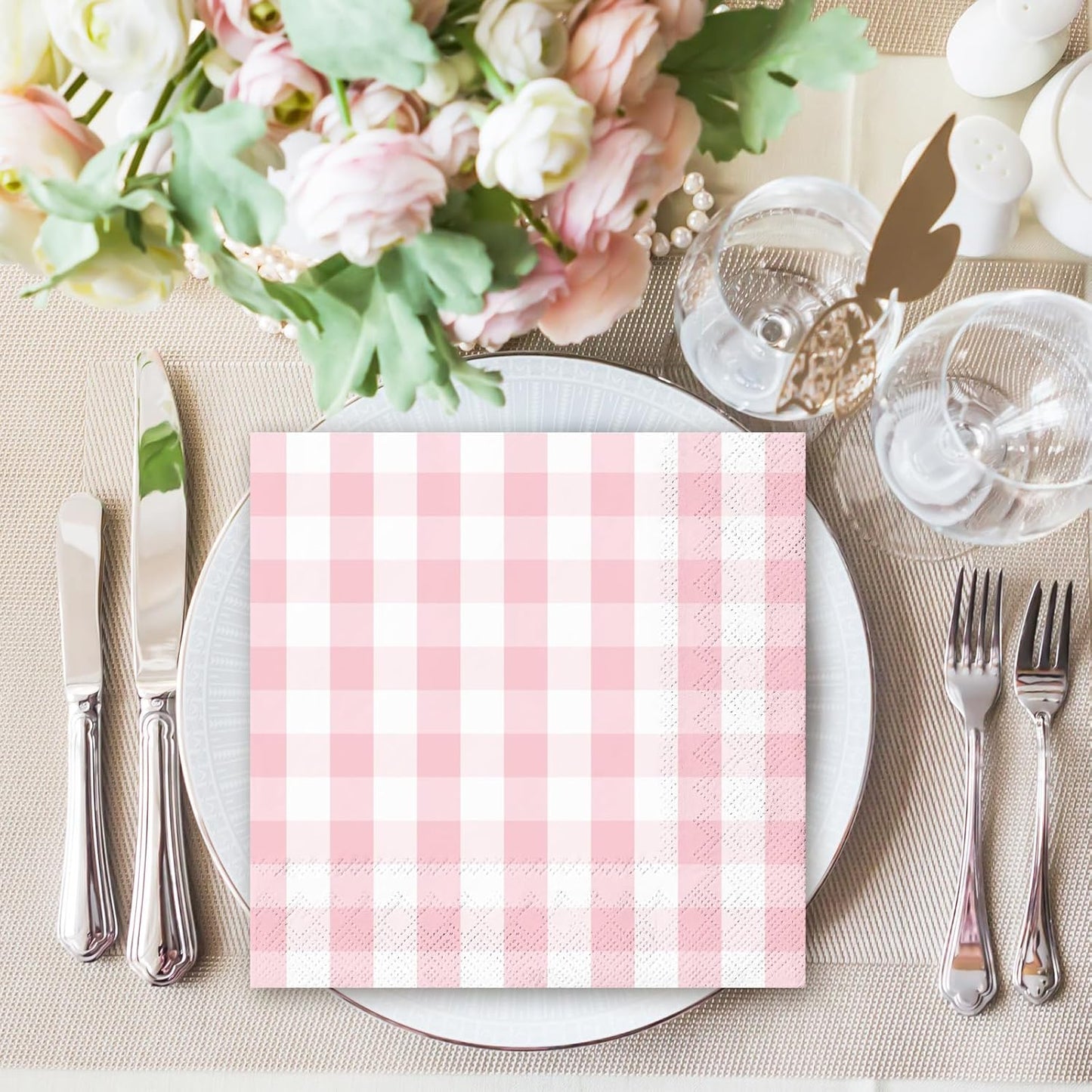 Whaline Light Pink Paper Napkin Buffalo Plaid Disposable Luncheon Napkin Dinner Napkin for Wedding Bride Shower Party Supplies Table Decor,80Pcs