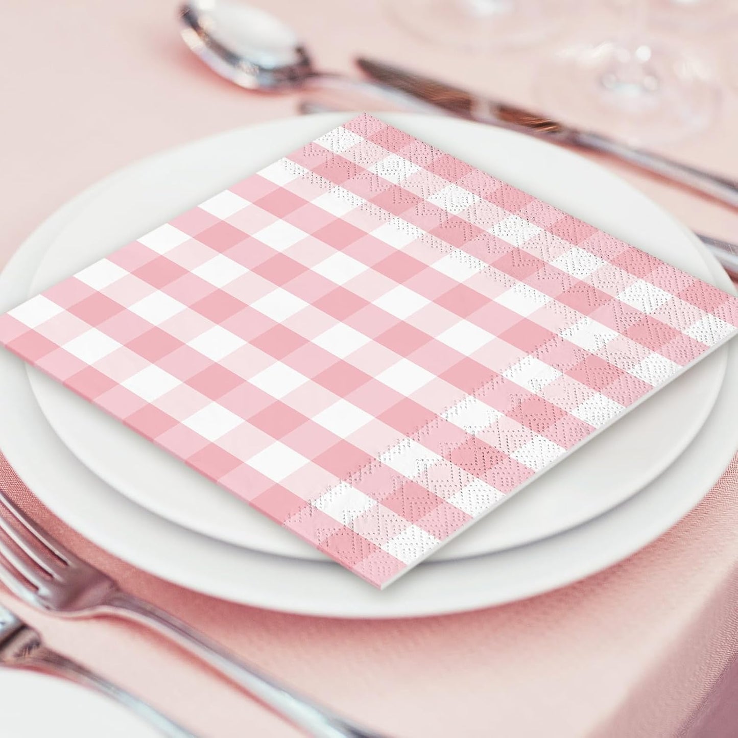 Whaline Light Pink Paper Napkin Buffalo Plaid Disposable Luncheon Napkin Dinner Napkin for Wedding Bride Shower Party Supplies Table Decor,80Pcs