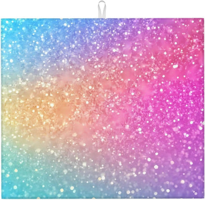Fun Rainbow Pink Print Microfiber Dish Drying Mat for Kitchen Counter 16x18 in Super Absorbent Drying Pad for Countertops, Sinks, Draining Racks with Hanging