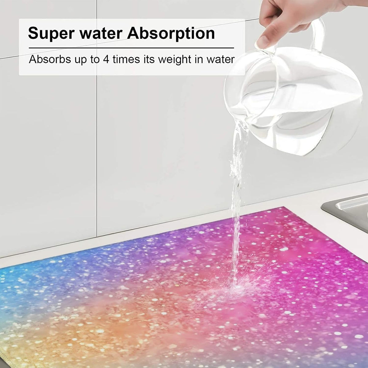 Fun Rainbow Pink Print Microfiber Dish Drying Mat for Kitchen Counter 16x18 in Super Absorbent Drying Pad for Countertops, Sinks, Draining Racks with Hanging