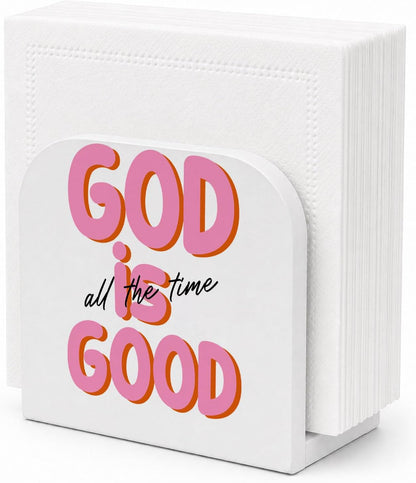 Christian Pink Wooden Napkin Holder for Table, God is Good All the Time Bible Scripture Upright Paper Napkins Dispenser for Kitchen Dining Room Home Party Coffee Bar