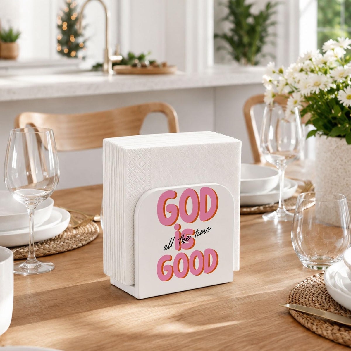 Christian Pink Wooden Napkin Holder for Table, God is Good All the Time Bible Scripture Upright Paper Napkins Dispenser for Kitchen Dining Room Home Party Coffee Bar