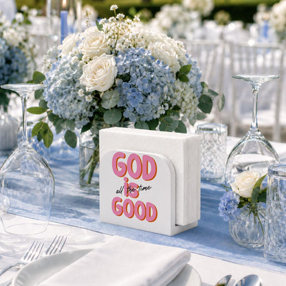 Christian Pink Wooden Napkin Holder for Table, God is Good All the Time Bible Scripture Upright Paper Napkins Dispenser for Kitchen Dining Room Home Party Coffee Bar