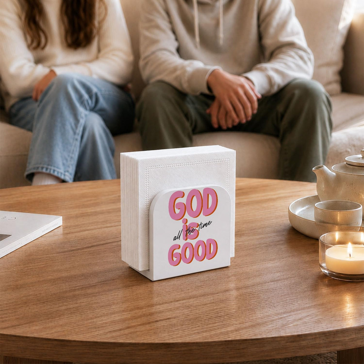 Christian Pink Wooden Napkin Holder for Table, God is Good All the Time Bible Scripture Upright Paper Napkins Dispenser for Kitchen Dining Room Home Party Coffee Bar