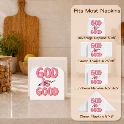 Christian Pink Wooden Napkin Holder for Table, God is Good All the Time Bible Scripture Upright Paper Napkins Dispenser for Kitchen Dining Room Home Party Coffee Bar