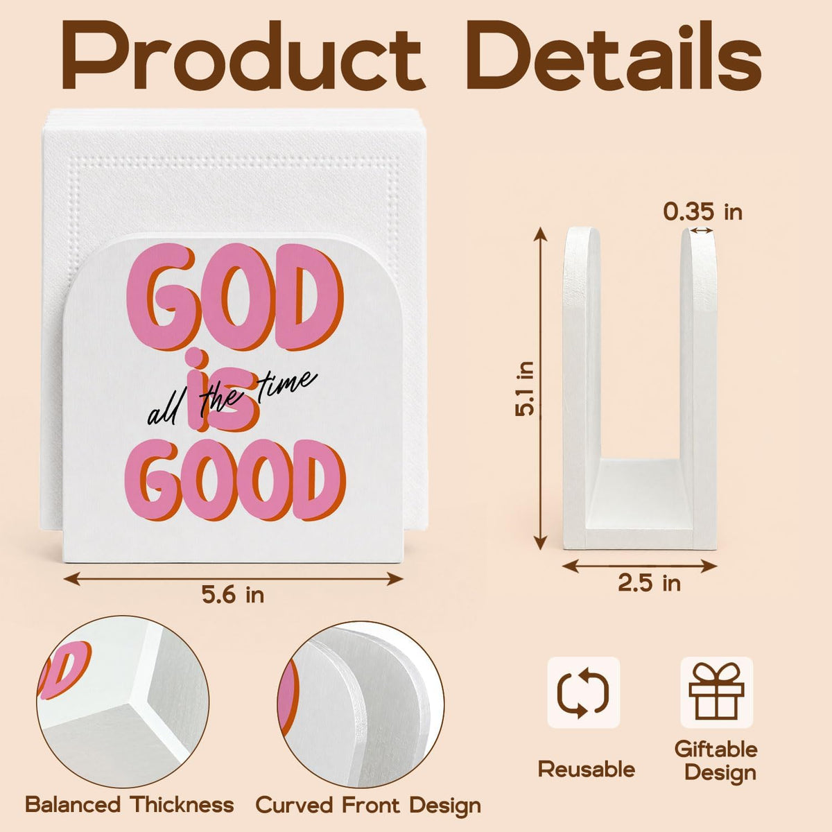 Christian Pink Wooden Napkin Holder for Table, God is Good All the Time Bible Scripture Upright Paper Napkins Dispenser for Kitchen Dining Room Home Party Coffee Bar