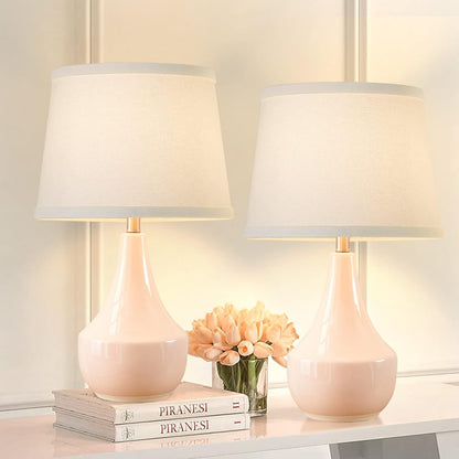 GyroVu 18" Table Lamp Set of 2, Ceramic Lamp Classic Beside Lamps Nightstand Lamp Modern Bedside Lamp for Living Room, Bedroom & Office Rocker Switch Pink-LED Bulbs Included