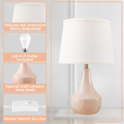 GyroVu 18" Table Lamp Set of 2, Ceramic Lamp Classic Beside Lamps Nightstand Lamp Modern Bedside Lamp for Living Room, Bedroom & Office Rocker Switch Pink-LED Bulbs Included