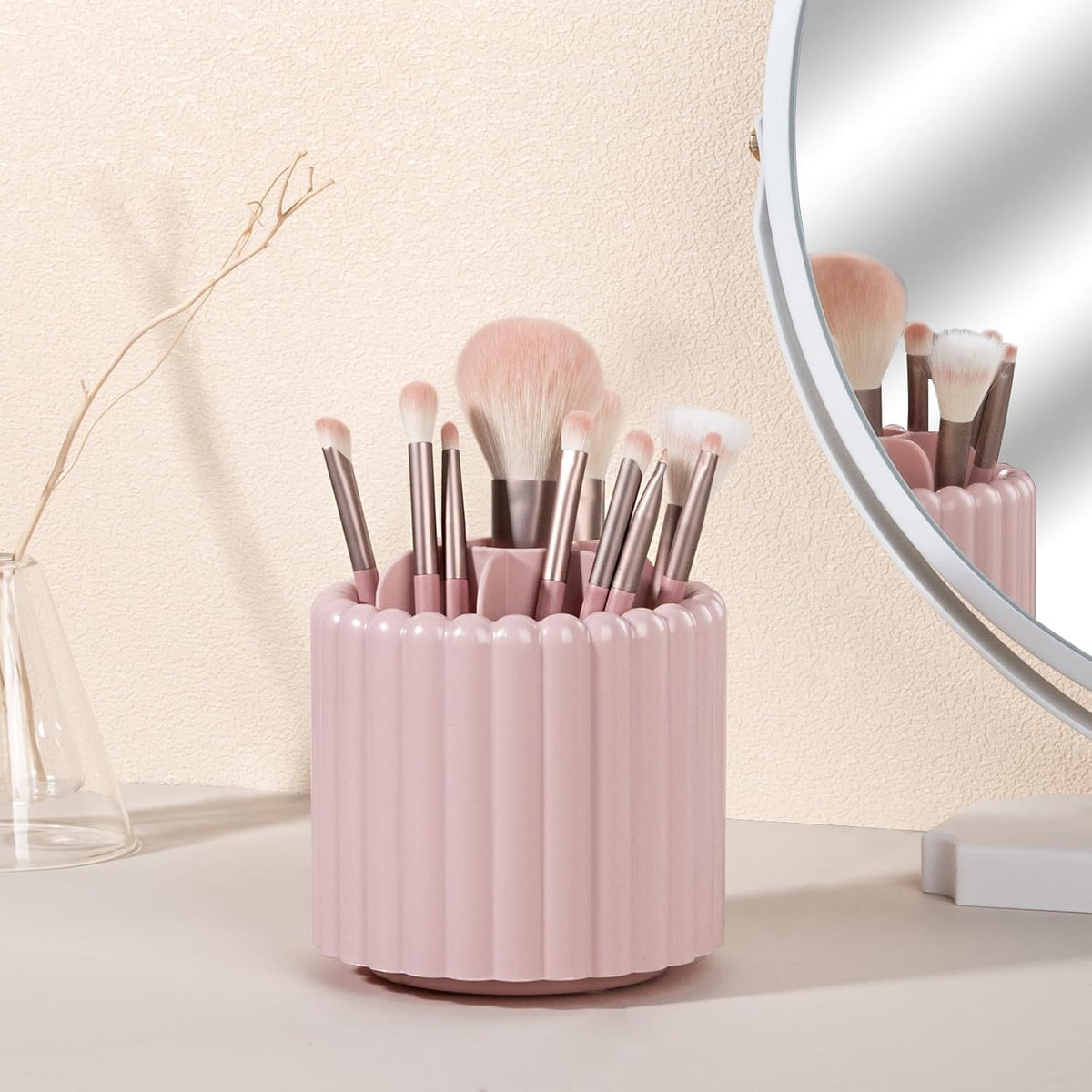 Rotating Makeup Brush Holder Organizer with Removable Dividers, Pink