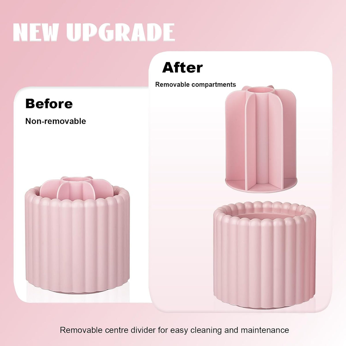Rotating Makeup Brush Holder Organizer with Removable Dividers, Pink