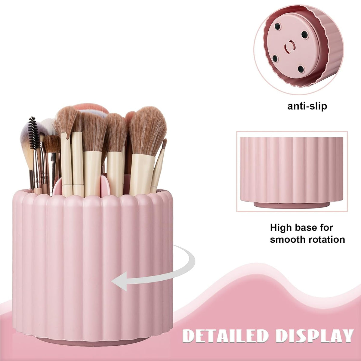 Rotating Makeup Brush Holder Organizer with Removable Dividers, Pink