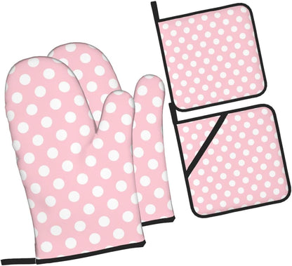 Light Pink Polka Dot Print Oven Mitts and Pot Holders 4Pcs Set, Heat Resistant Silicone Oven Mitts Pot Holders for Kitchen Cooking Baking, Non-Slip Hot Pads Potholders Gloves