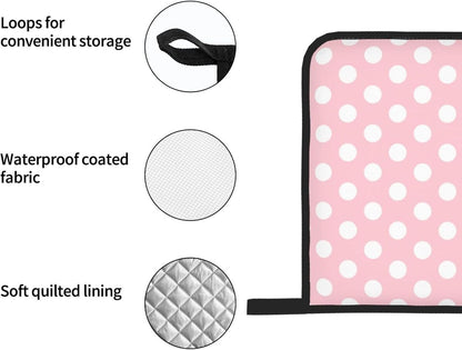Light Pink Polka Dot Print Oven Mitts and Pot Holders 4Pcs Set, Heat Resistant Silicone Oven Mitts Pot Holders for Kitchen Cooking Baking, Non-Slip Hot Pads Potholders Gloves