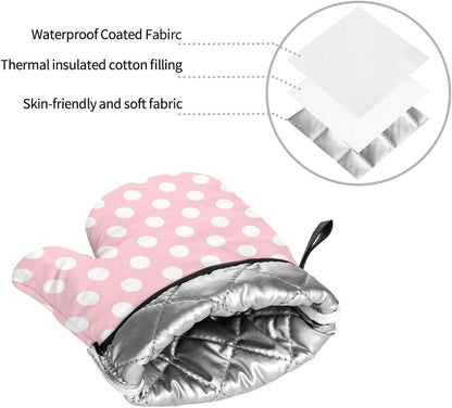 Light Pink Polka Dot Print Oven Mitts and Pot Holders 4Pcs Set, Heat Resistant Silicone Oven Mitts Pot Holders for Kitchen Cooking Baking, Non-Slip Hot Pads Potholders Gloves