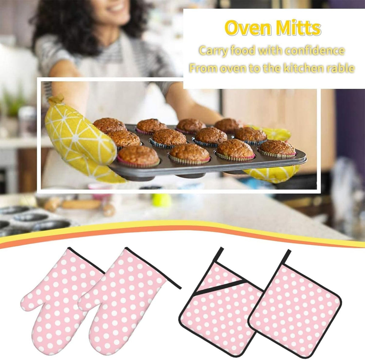 Light Pink Polka Dot Print Oven Mitts and Pot Holders 4Pcs Set, Heat Resistant Silicone Oven Mitts Pot Holders for Kitchen Cooking Baking, Non-Slip Hot Pads Potholders Gloves