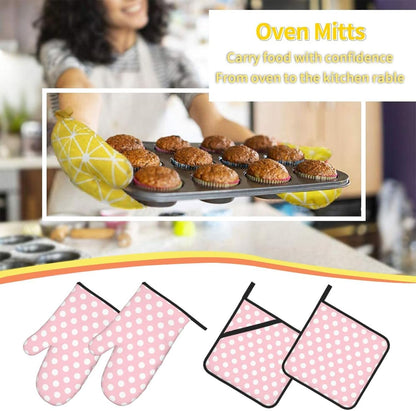 Light Pink Polka Dot Print Oven Mitts and Pot Holders 4Pcs Set, Heat Resistant Silicone Oven Mitts Pot Holders for Kitchen Cooking Baking, Non-Slip Hot Pads Potholders Gloves
