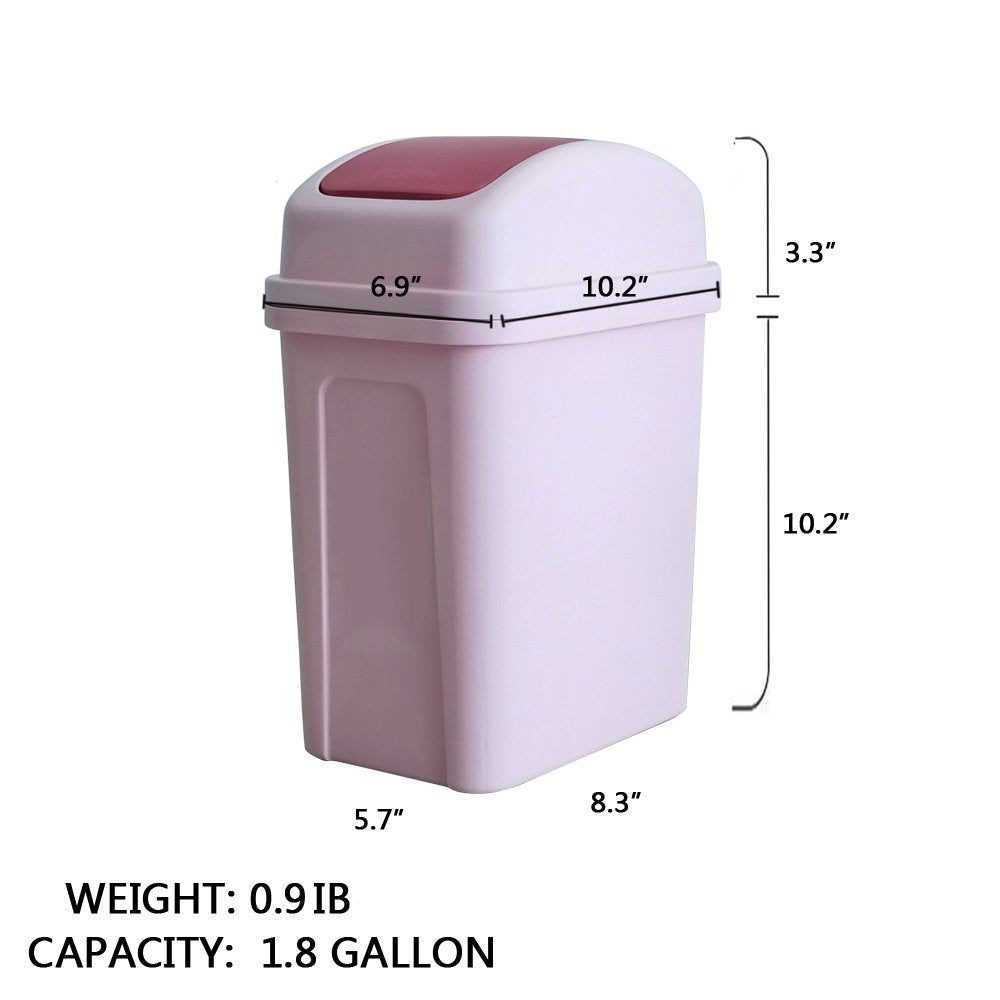 1.8 Gallon Plastic Trash Can with Swing Lid, Small Garbage Can, Pink