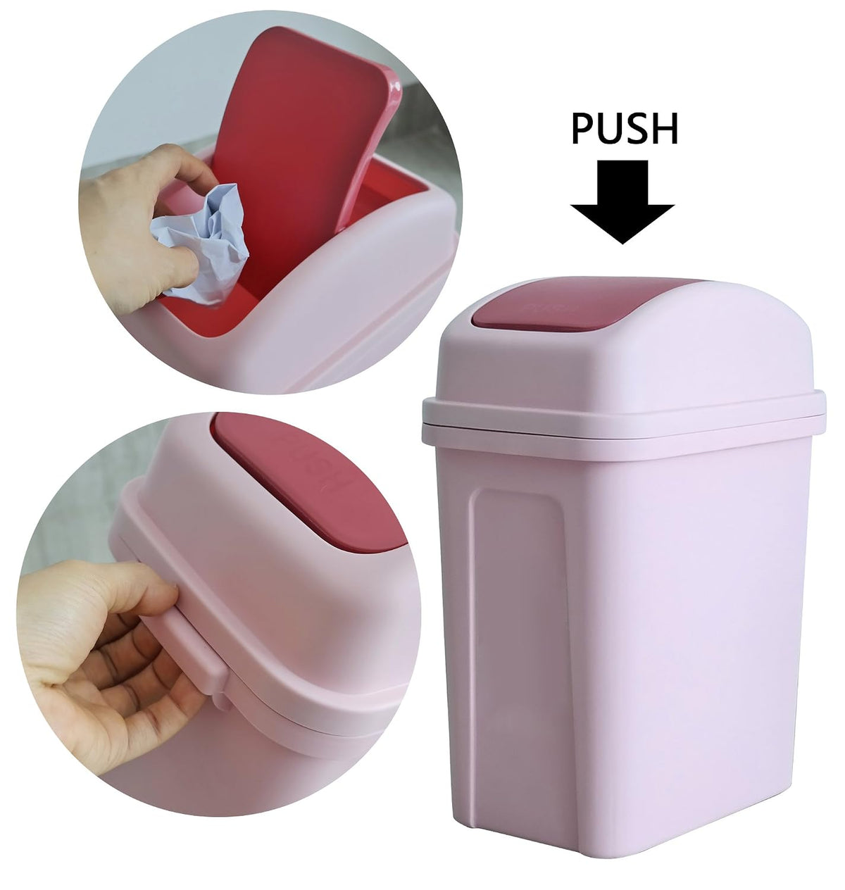 1.8 Gallon Plastic Trash Can with Swing Lid, Small Garbage Can, Pink