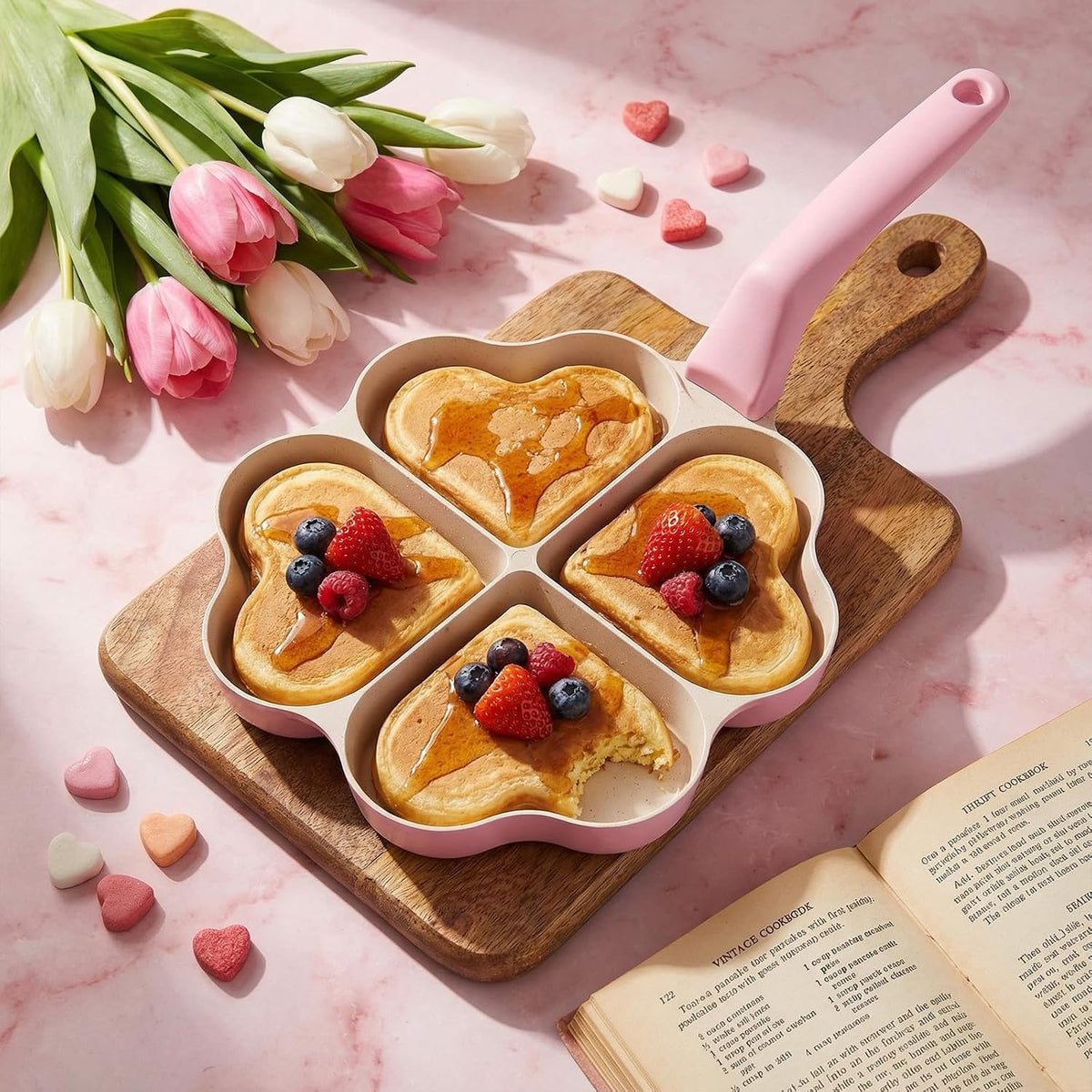 Heart Shaped Divided Fry Pan Nonstick Granite Egg Pan, Pink