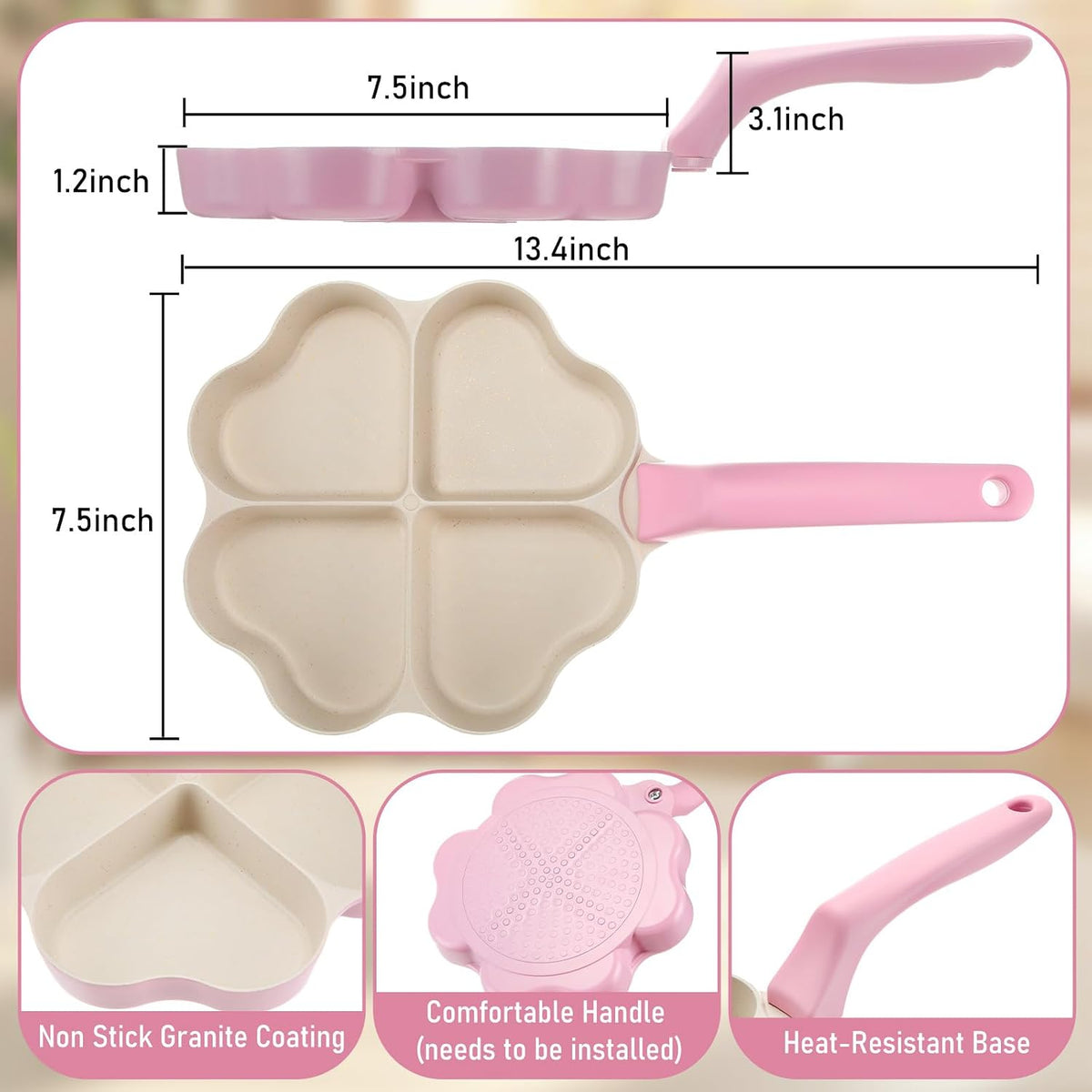 Heart Shaped Divided Fry Pan Nonstick Granite Egg Pan, Pink