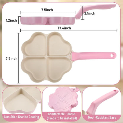 Heart Shaped Divided Fry Pan Nonstick Granite Egg Pan, Pink