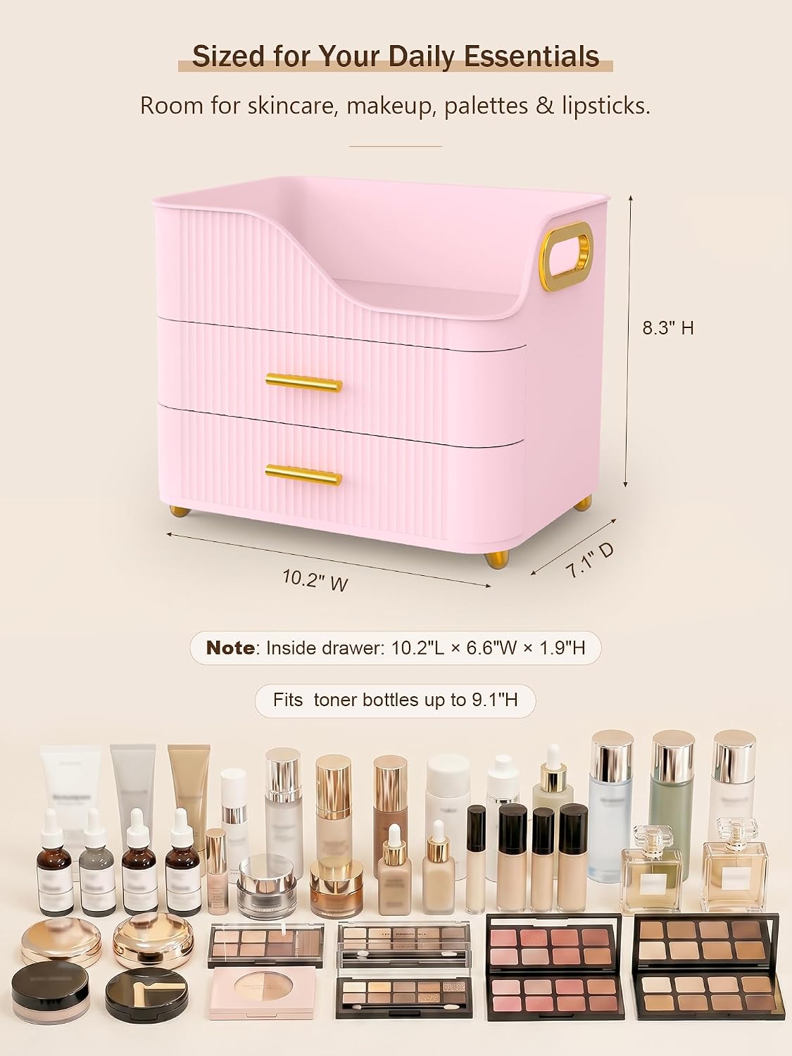 Large Makeup Organizer for Vanity, Bathroom Countertop, Pink