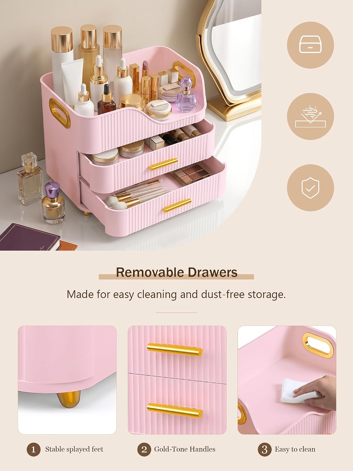 Large Makeup Organizer for Vanity, Bathroom Countertop, Pink