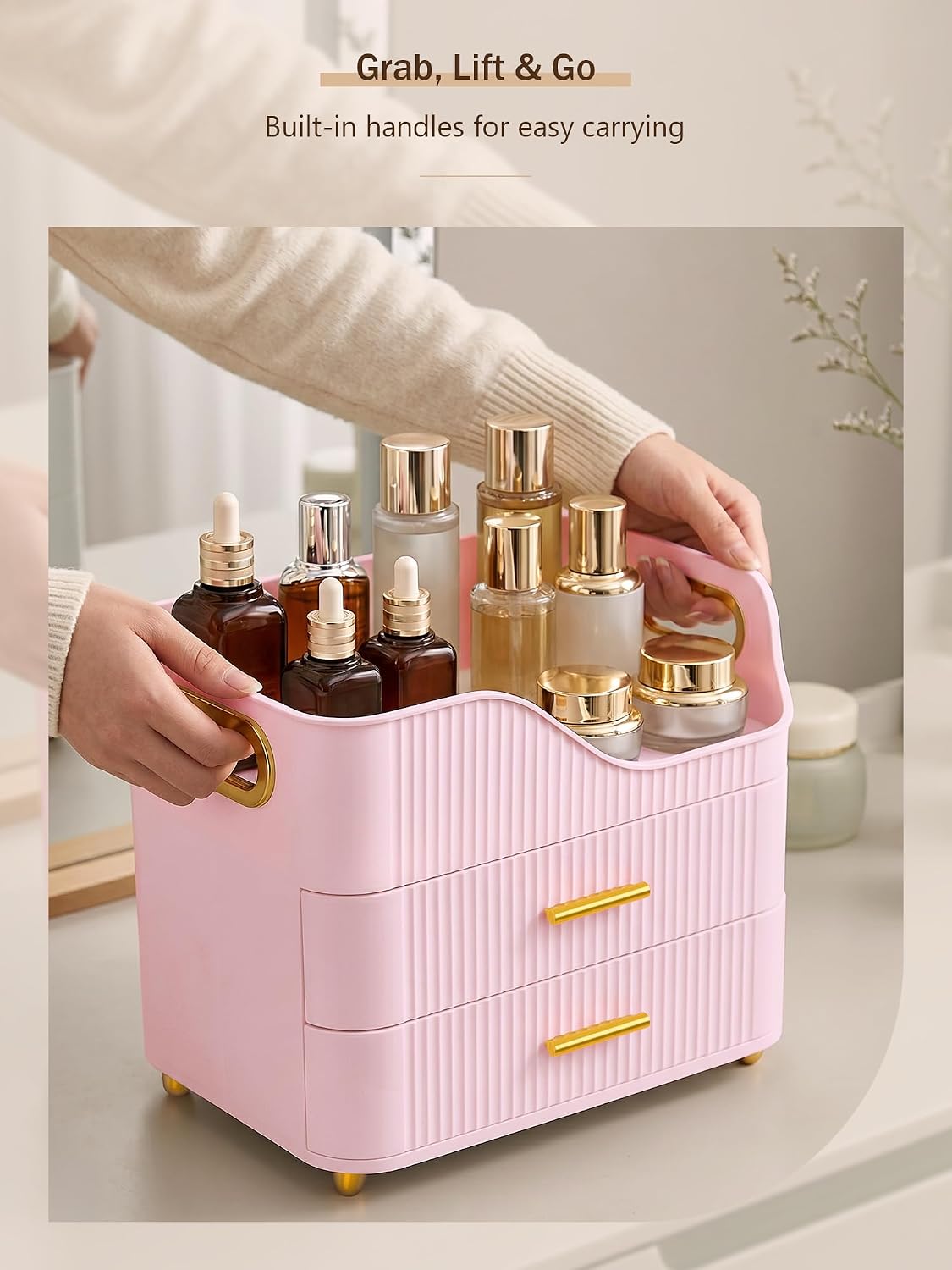 Large Makeup Organizer for Vanity, Bathroom Countertop, Pink