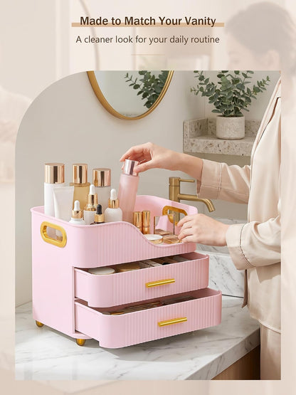 Large Makeup Organizer for Vanity, Bathroom Countertop, Pink