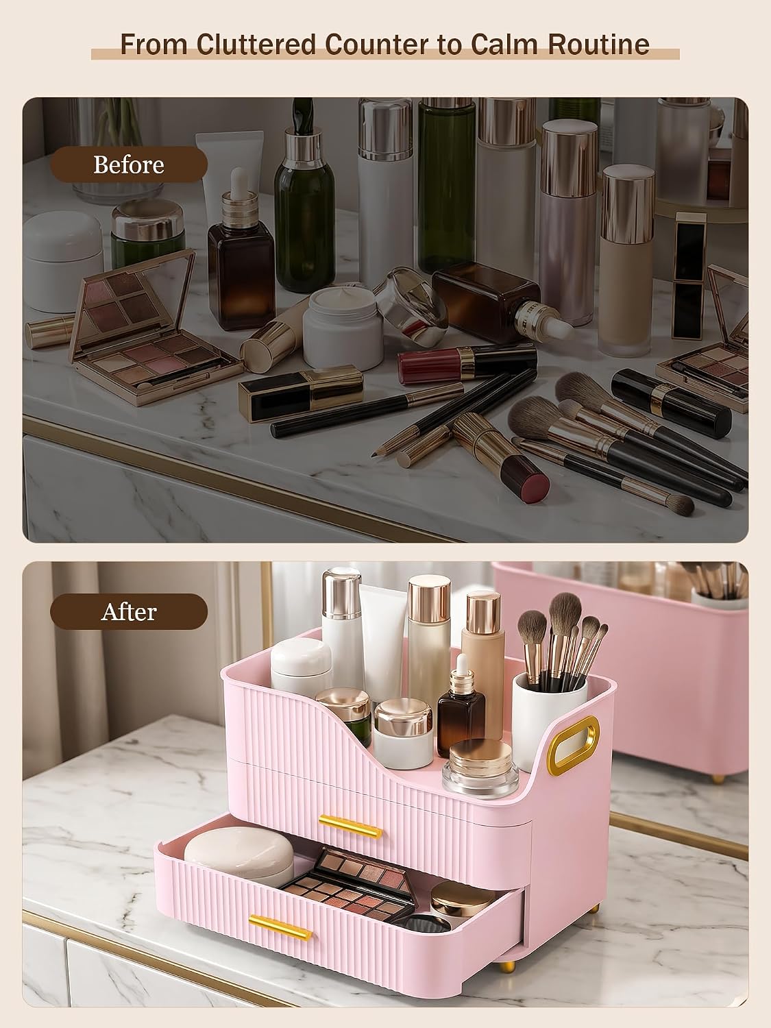 Large Makeup Organizer for Vanity, Bathroom Countertop, Pink