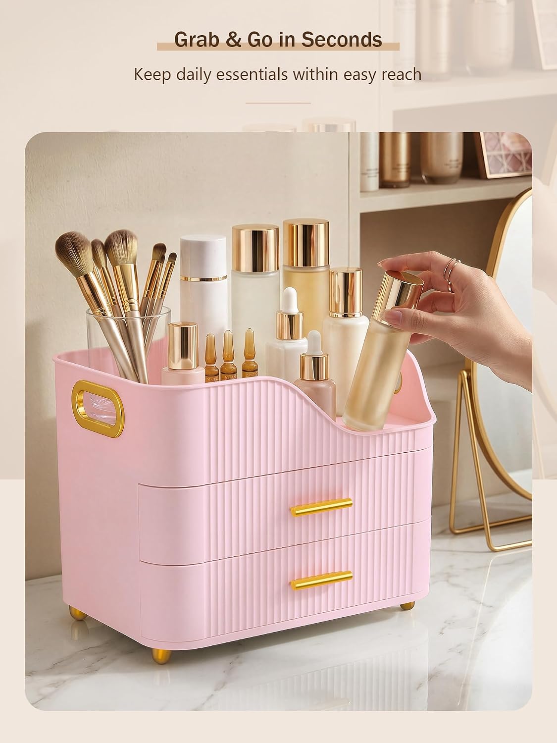 Large Makeup Organizer for Vanity, Bathroom Countertop, Pink