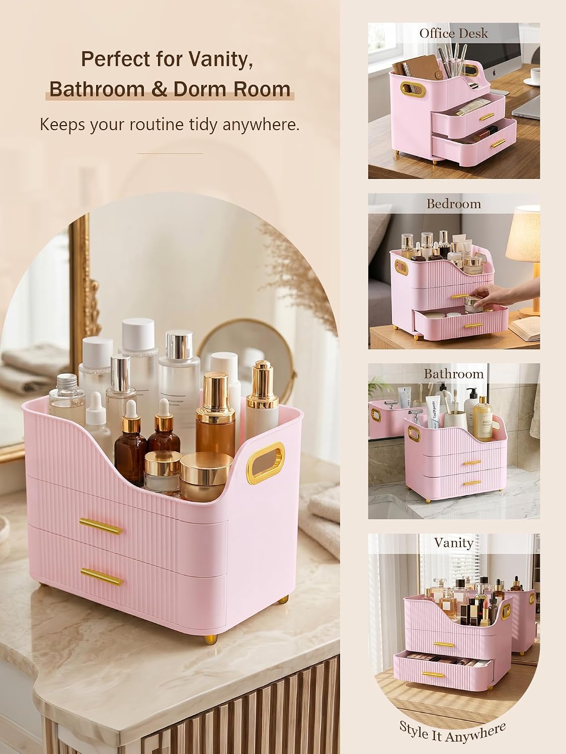 Large Makeup Organizer for Vanity, Bathroom Countertop, Pink